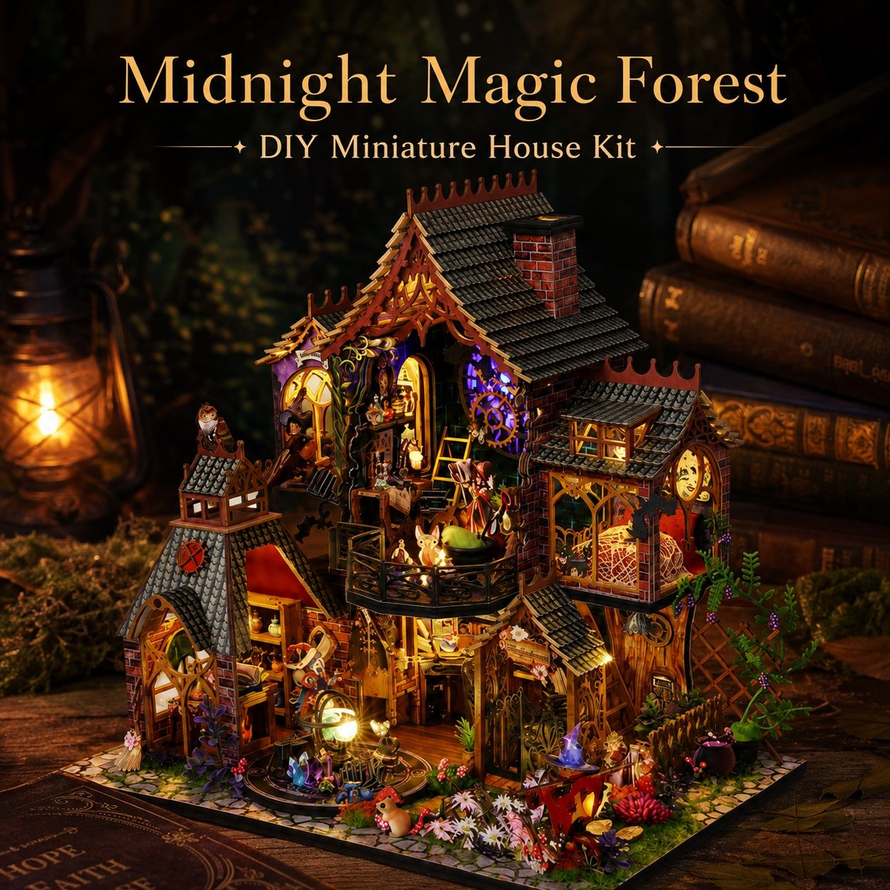 A beautifully lit DIY miniature house kit themed as a magical forest cottage, surrounded by tiny garden plants, tiny figurines, and old books on a dark rustic background. Text at the top reads 'Midnight Magic Forest DIY Miniature House Kit'.