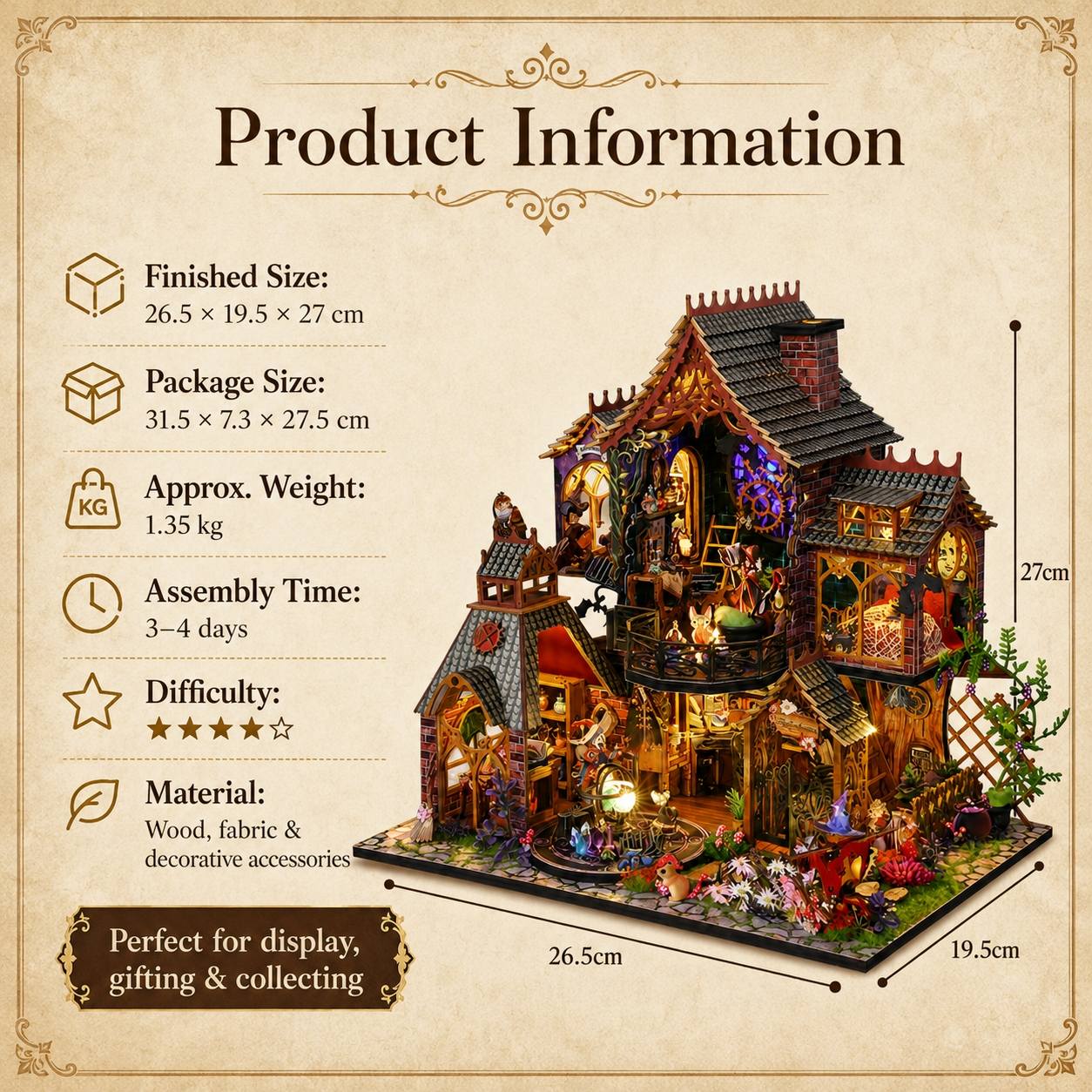 Product information graphic for a miniature fantasy house model, showing the assembled house on a display base with dimensions, weight, assembly time, and material details on a parchment-style background.