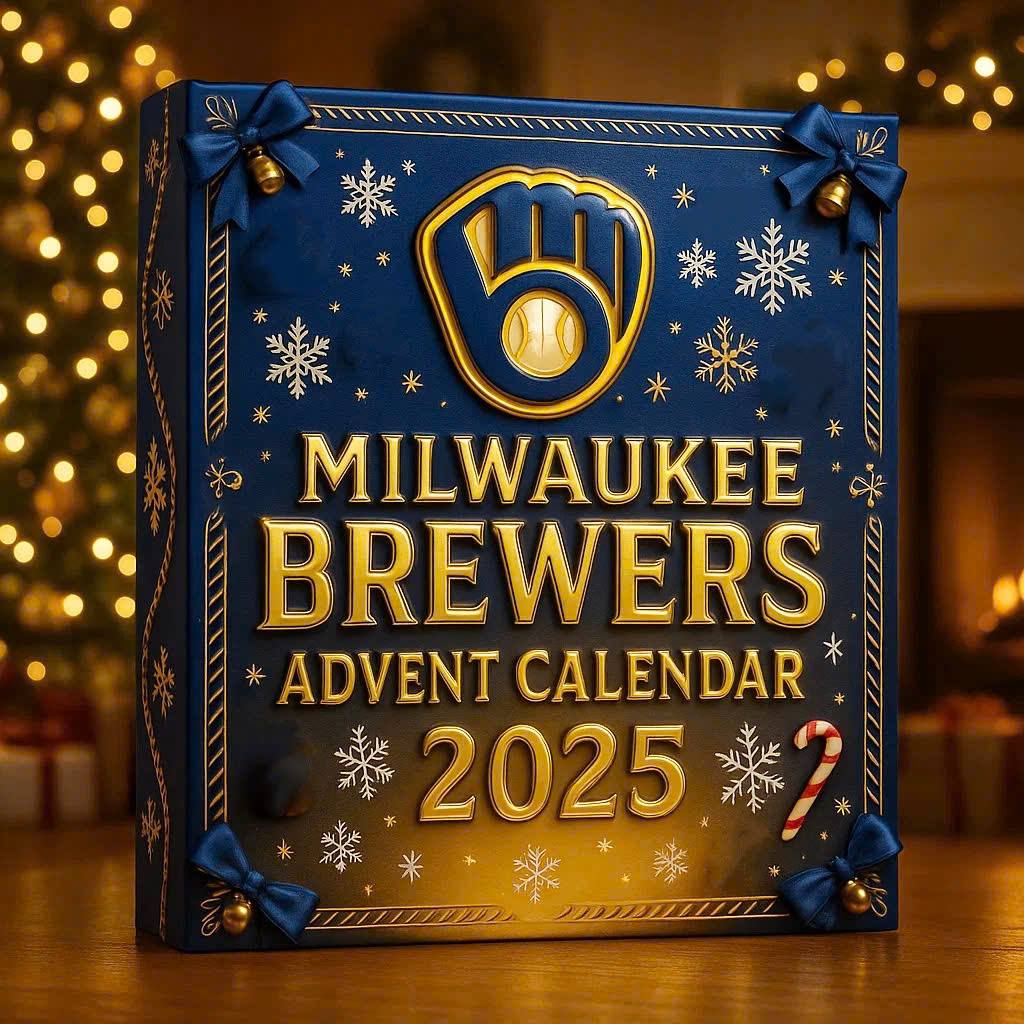 Milwaukee Brewers Advent Calendar 2025 with decorative elements on a blurred background