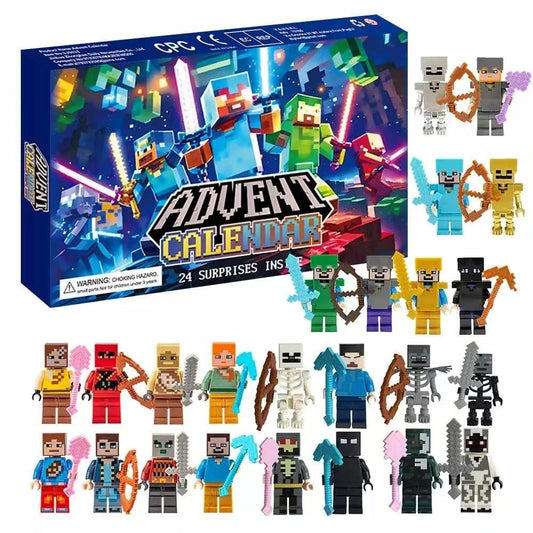 Advent calendar with Minecraft-style figurines on a white background