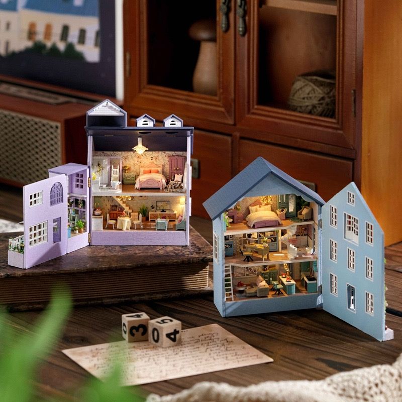 open Happy House and Molan House DIY Miniature House Kit with warm light