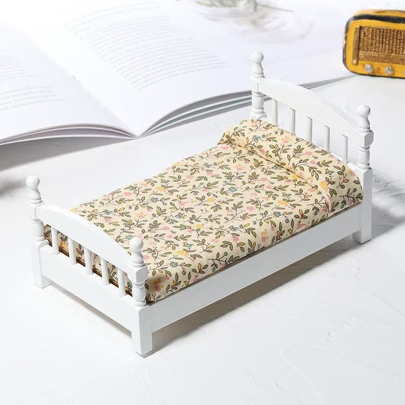 white Miniature Single Bed for Dollhouse with floral fabric in 1:12 scale