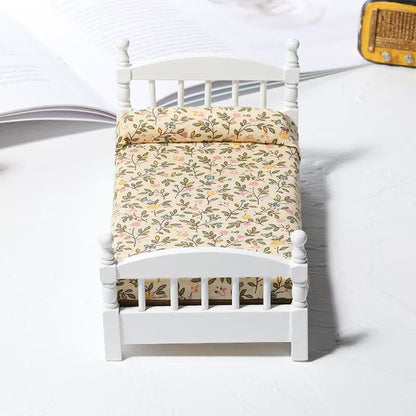 white Miniature Single Bed for Dollhouse with floral fabric in 1:12 scale