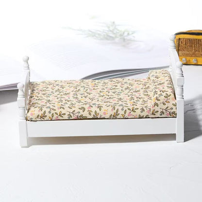 white Miniature Single Bed for Dollhouse with floral fabric in 1:12 scale