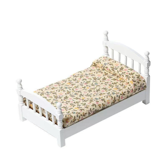 white Miniature Single Bed for Dollhouse with floral fabric in 1:12 scale