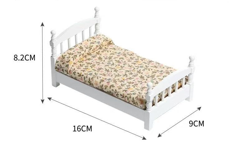 white Miniature Single Bed for Dollhouse with floral fabric in 1:12 scale