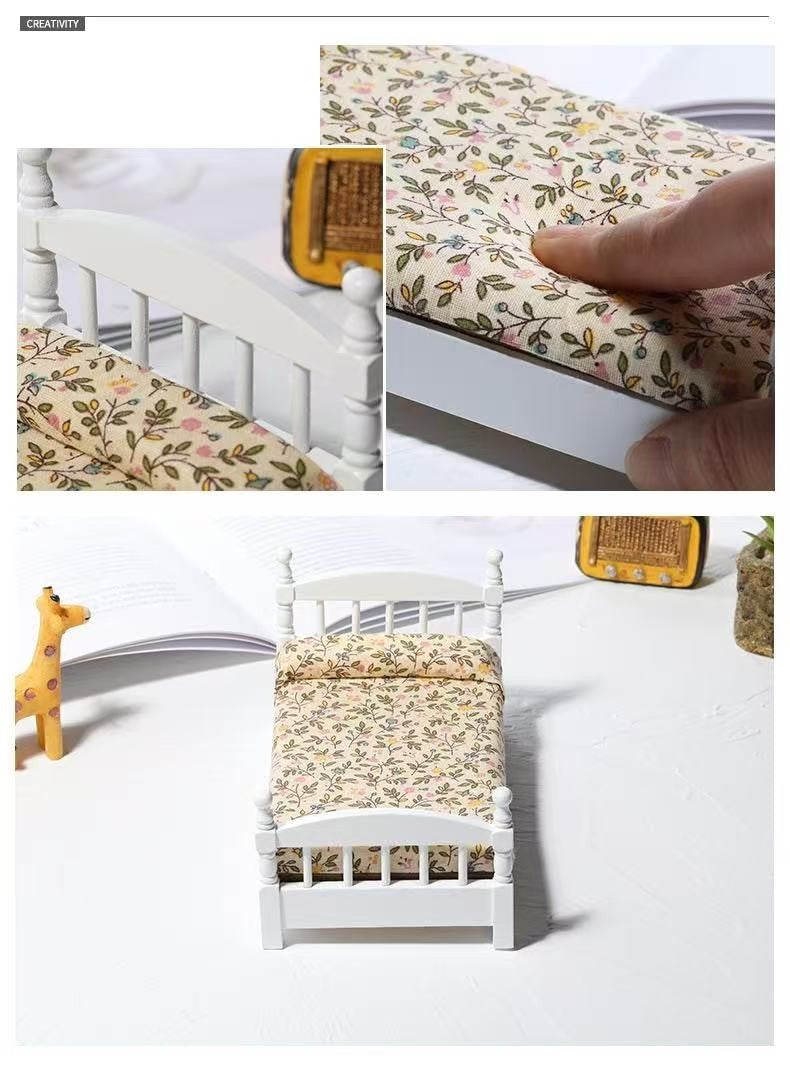 white Miniature Single Bed for Dollhouse with floral fabric in 1:12 scale