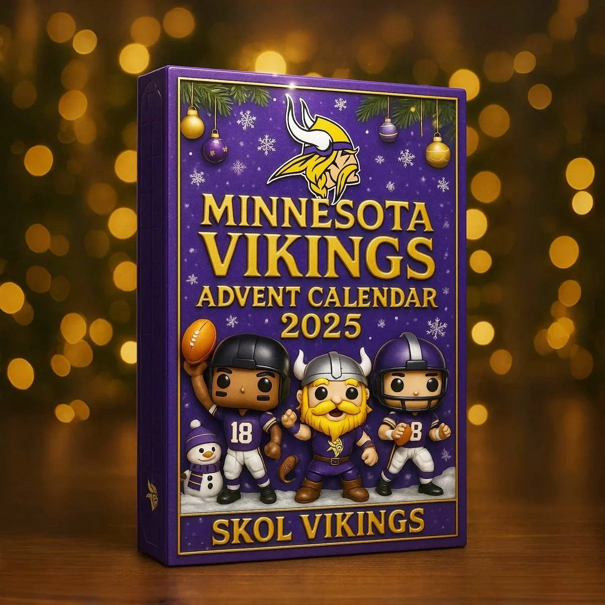 Minnesota Vikings Advent Calendar 2025 with cartoon characters on a blurred lights background