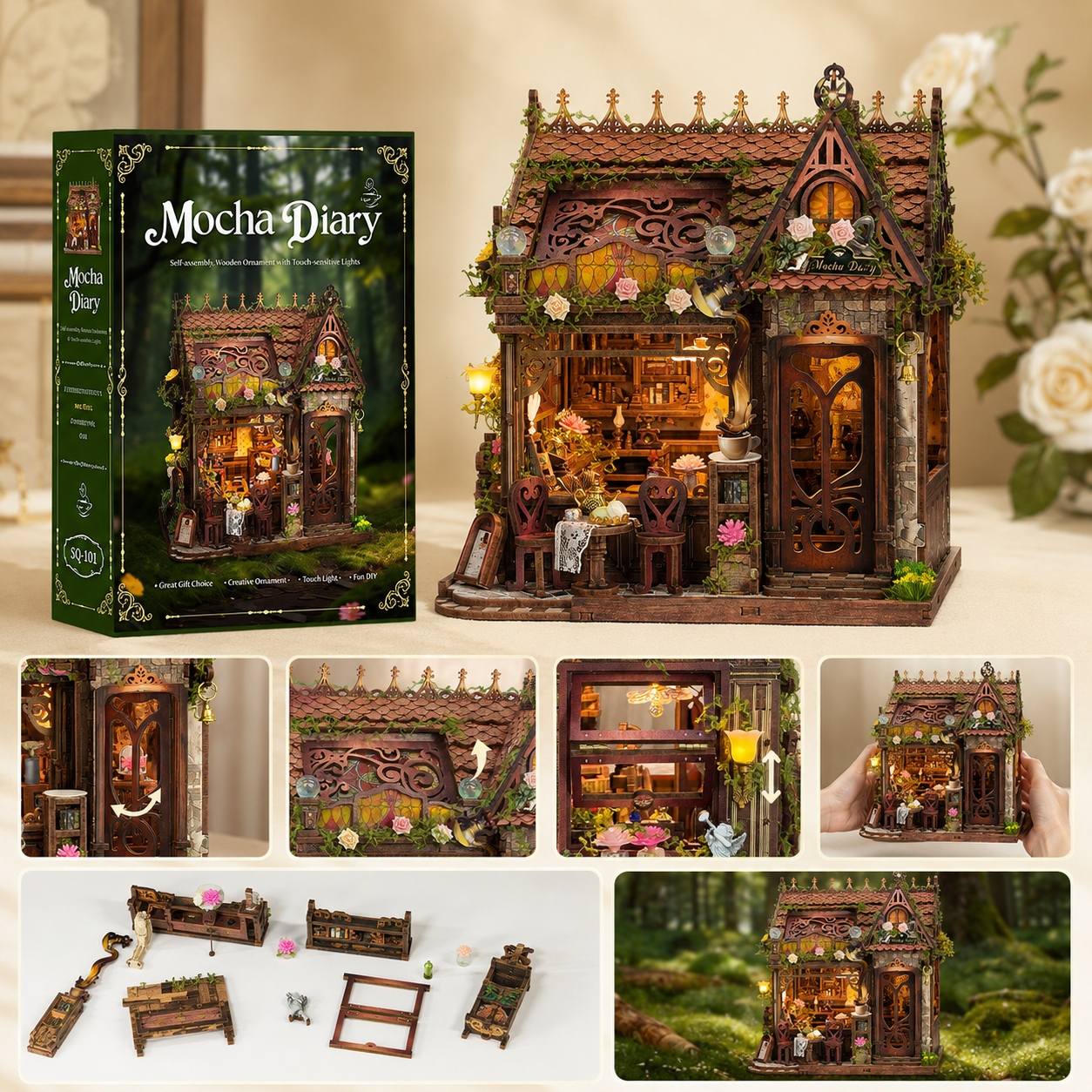 A wooden fairy house DIY craft kit shown with its retail box and multiple detail/lifestyle views. The main product is a small decorative cottage with warm glowing windows, a brown wooden exterior, floral accents, and miniature furniture inside.