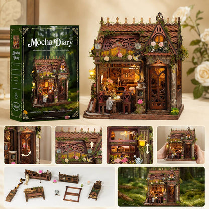 A wooden fairy house DIY craft kit shown with its retail box and multiple detail/lifestyle views. The main product is a small decorative cottage with warm glowing windows, a brown wooden exterior, floral accents, and miniature furniture inside.