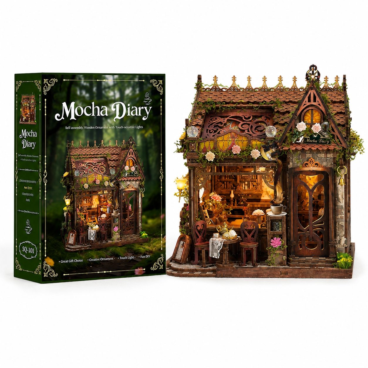 A Mocha Diary wooden miniature tea house kit shown next to its retail box on a white background. The box is dark green with an illustration of the completed tea house in a forest setting.