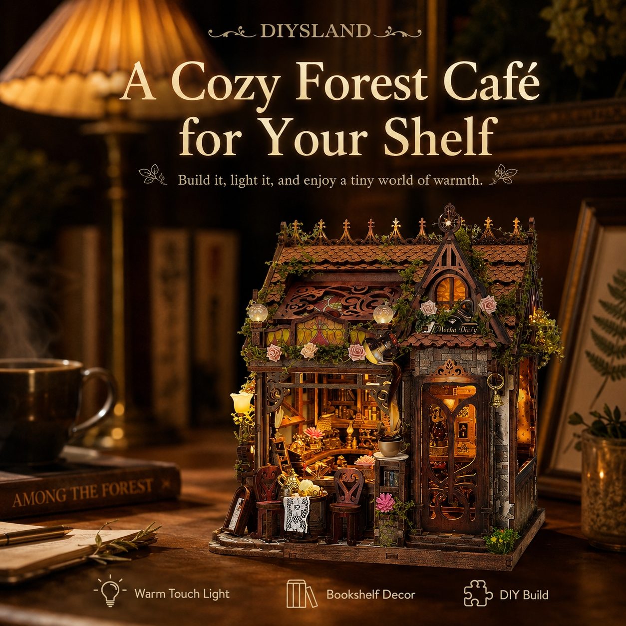 A cozy forest cafe shelf dollhouse by Diysland, shown lit up on a wooden table with warm interior lights, surrounded by cozy bookshelf props like a lamp, mug, and framed print. Text overlays describe the product as a cozy forest cafe for your shelf, with features including warm touch lights, bookshelf decor, and DIY build.