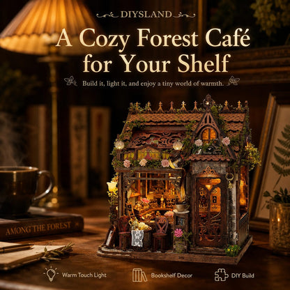 A cozy forest cafe shelf dollhouse by Diysland, shown lit up on a wooden table with warm interior lights, surrounded by cozy bookshelf props like a lamp, mug, and framed print. Text overlays describe the product as a cozy forest cafe for your shelf, with features including warm touch lights, bookshelf decor, and DIY build.
