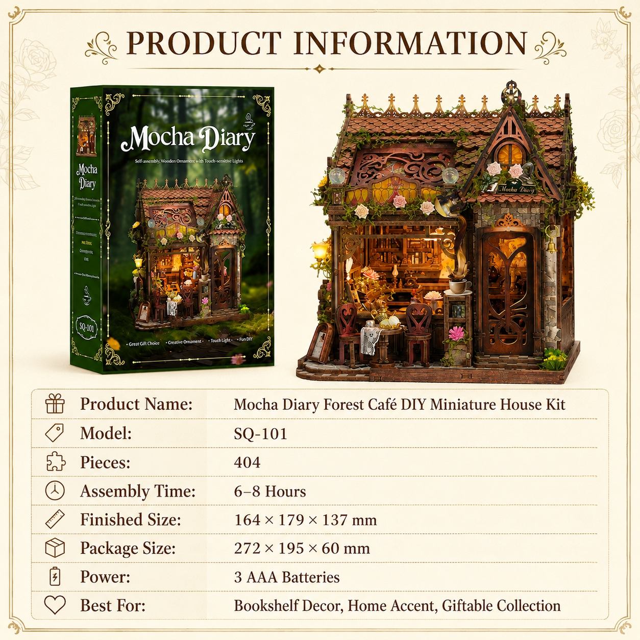 Product information card for the Mocha Diary Forest Cafe DIY Miniature House Kit, showing the product box, the assembled miniature house, and specifications including model number SQ-101, 404 pieces, and assembly time of 6-8 hours.