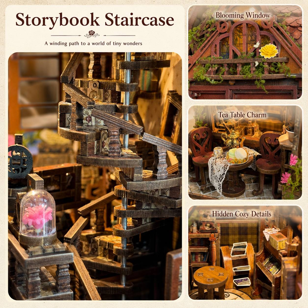 A collage-style product image for a miniature storytelling bookcase or tiny bookshelf set. The main panel shows a detailed miniature spiral staircase with tiny furniture and bookshelves.