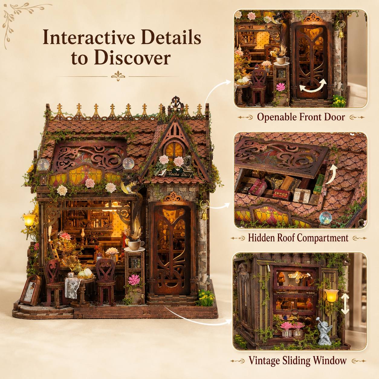 A decorative miniature cottage dollhouse with warm glowing interior lights, shown on a beige background with callout panels highlighting features: an openable front door, a hidden roof compartment, and a vintage sliding window.