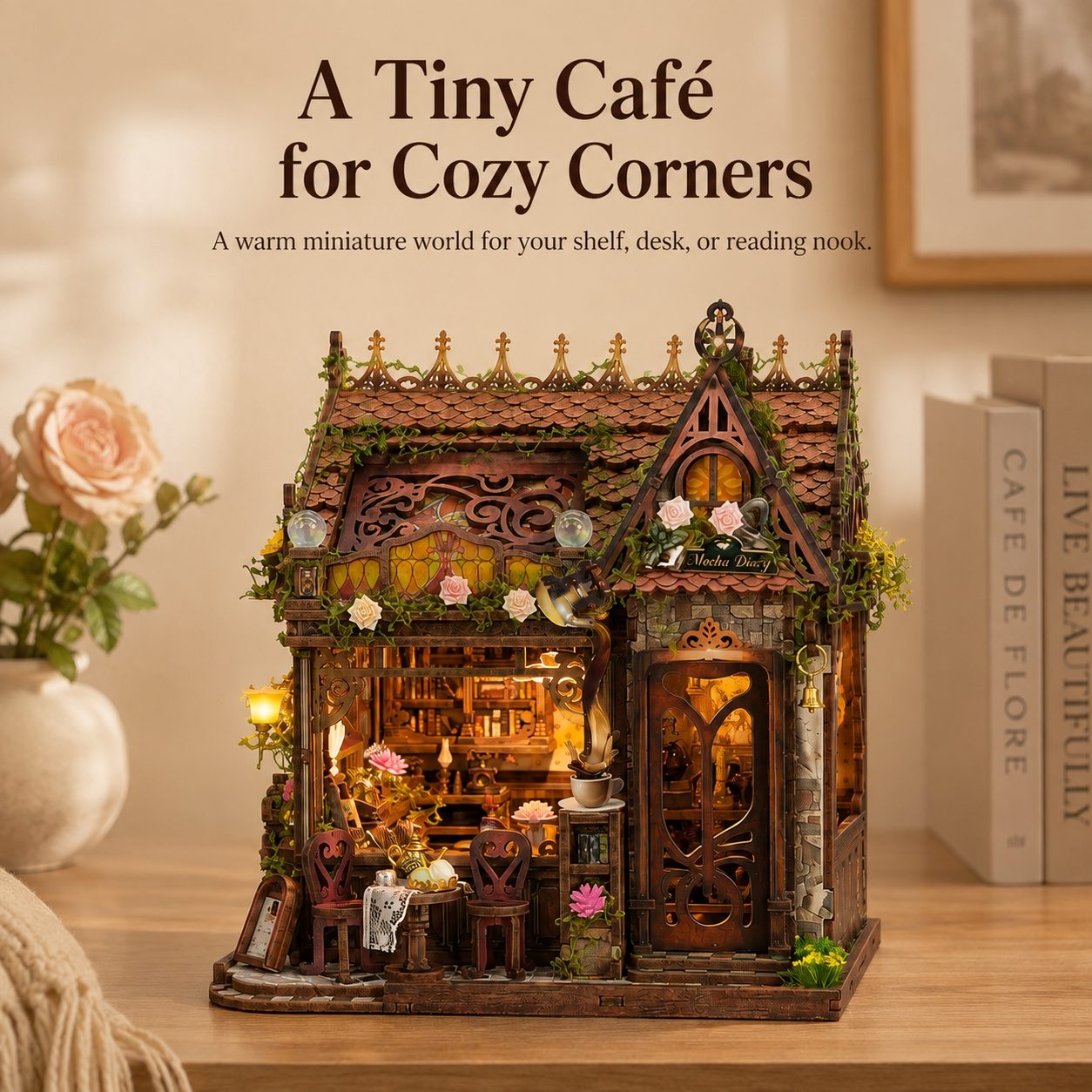 A miniature tea cafe dollhouse with warm glowing lights, set on a wooden table next to a vase of roses and a book, with text overlay reading 'A Tiny Café for Cozy Corners'.