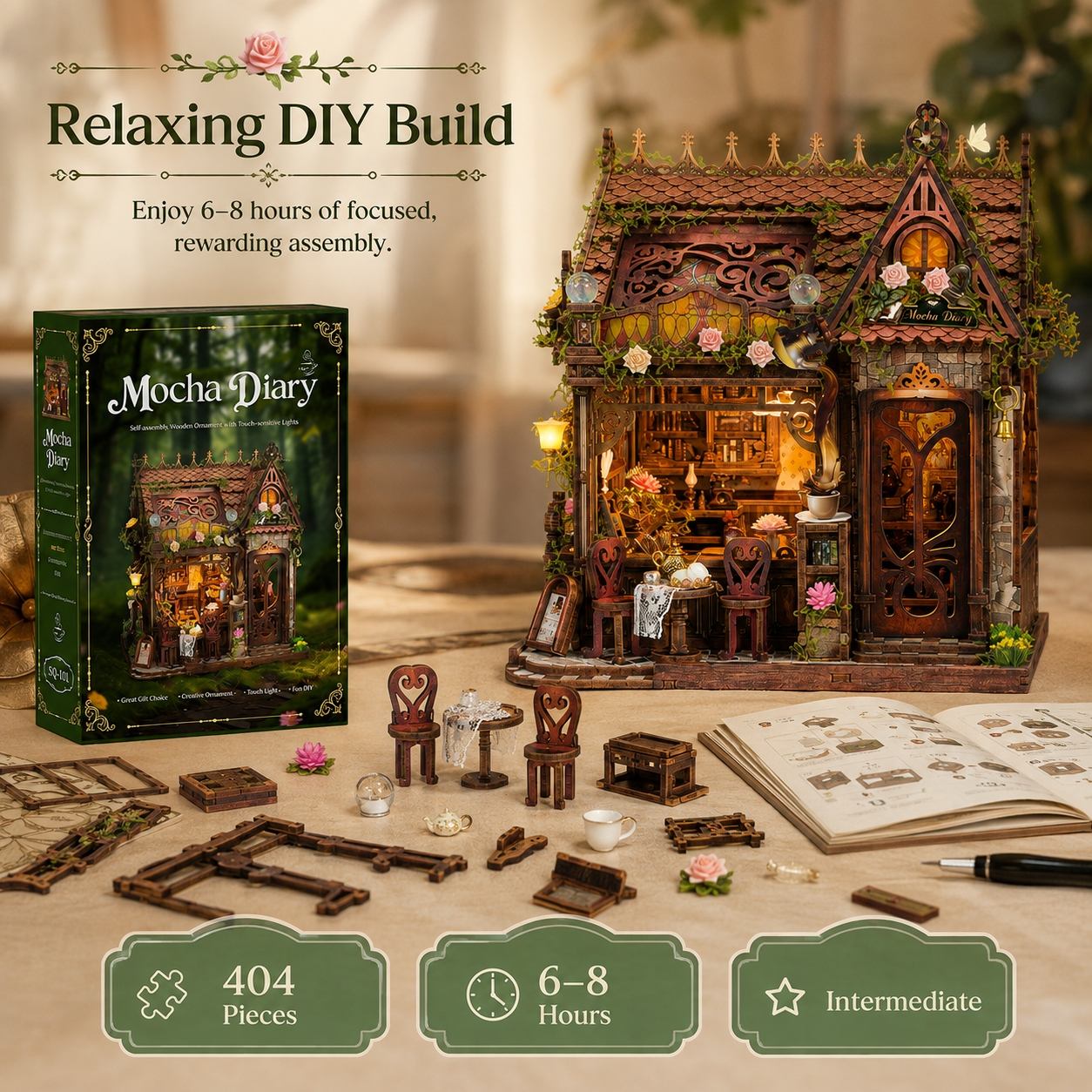 Mocha Diary DIY wooden dollhouse kit shown with the assembled miniature house, its box, scattered building pieces, an open instruction booklet, and feature callouts on a warm indoor background.