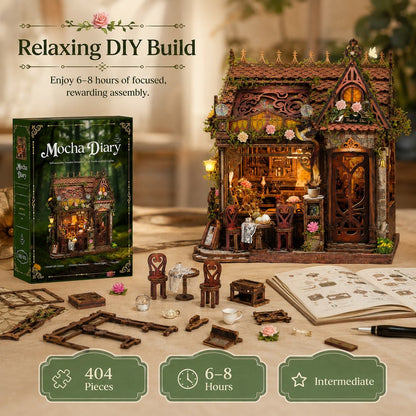 Mocha Diary DIY wooden dollhouse kit shown with the assembled miniature house, its box, scattered building pieces, an open instruction booklet, and feature callouts on a warm indoor background.