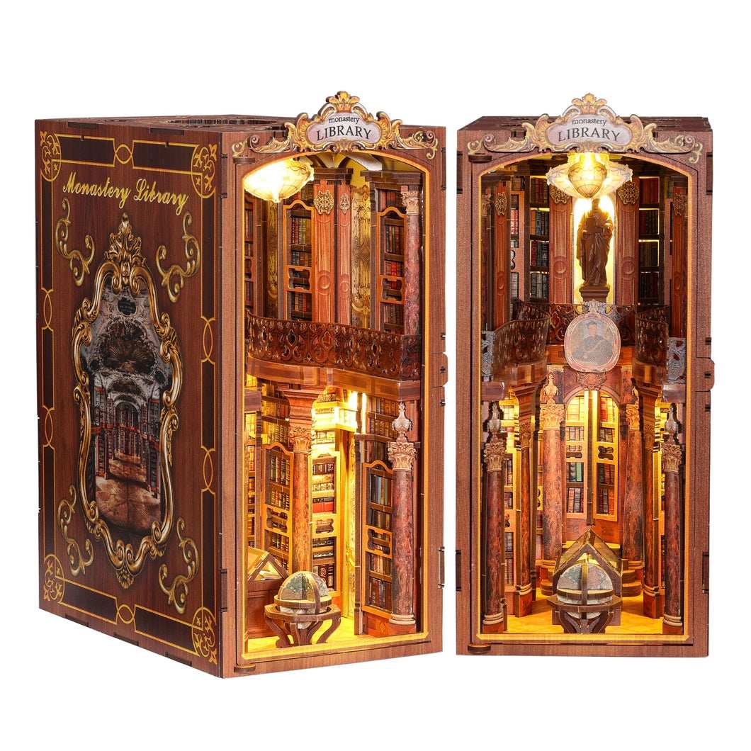image displaying the front side and 45 degree views of Monastery Library DIY Book Nook Kit in white background