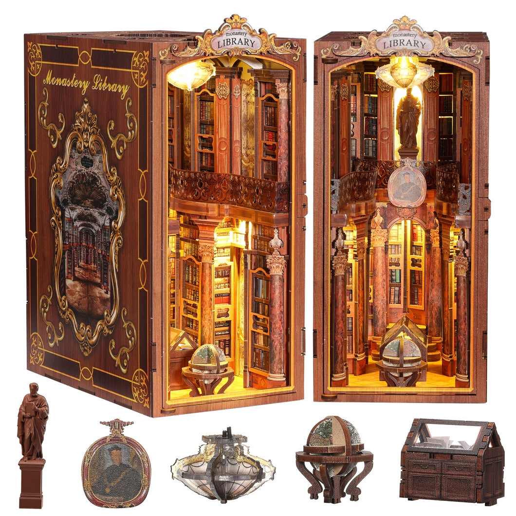 image displaying the front side and 45 degree views of Monastery Library DIY Book Nook Kit and the wooden miniature furniture