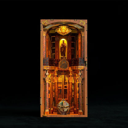 image displaying front side of Monastery Library Book nook with light in black background 