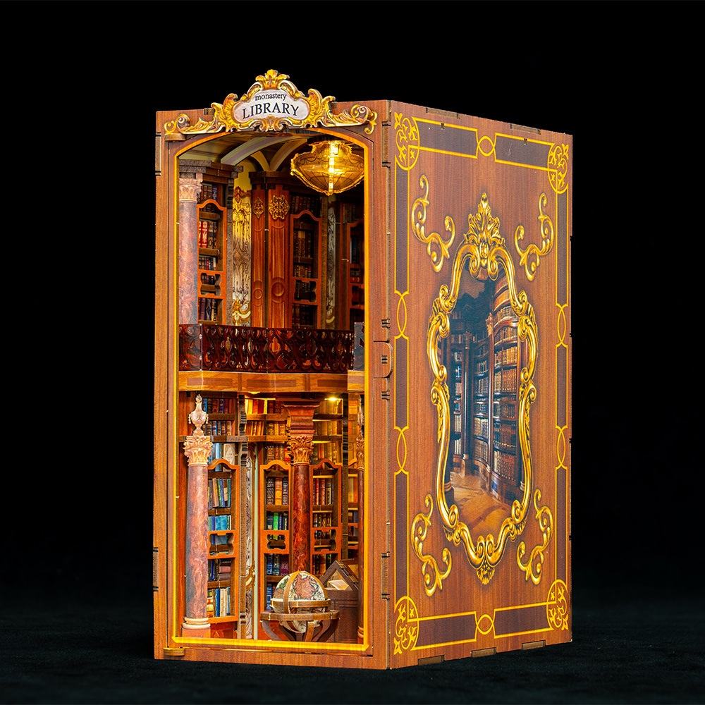 image displaying 45 degree of Monastery Library Book nook with light in black background 