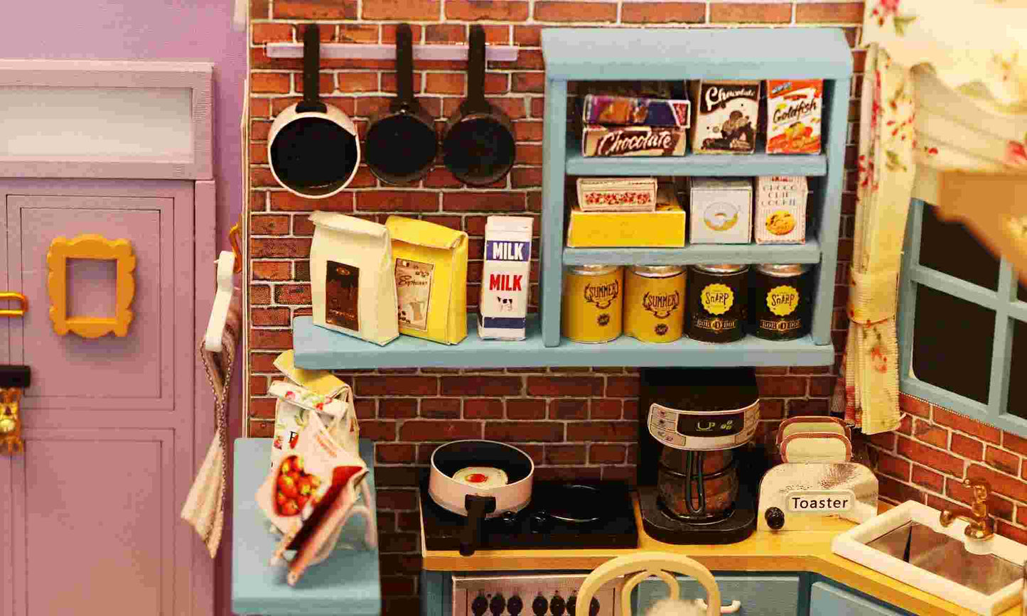 Monica's Apartment DIY Dollhouse kit, a miniature house crafts inspired by the TV show "Friends", perfect for model building lovers, dollhouse collectors, home decor, A great DIY project for "Friends" fans.
