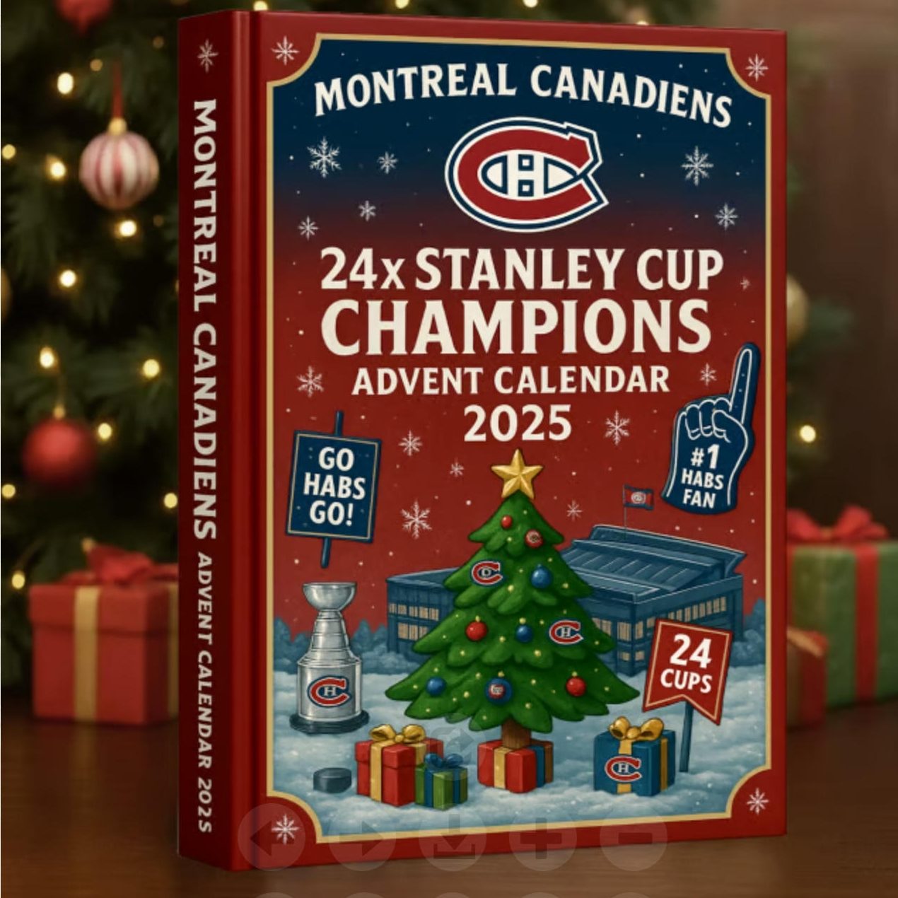 Montreal Canadiens 24x Stanley Cup Champions Advent Calendar 2025 with Christmas tree and presents on a festive background.