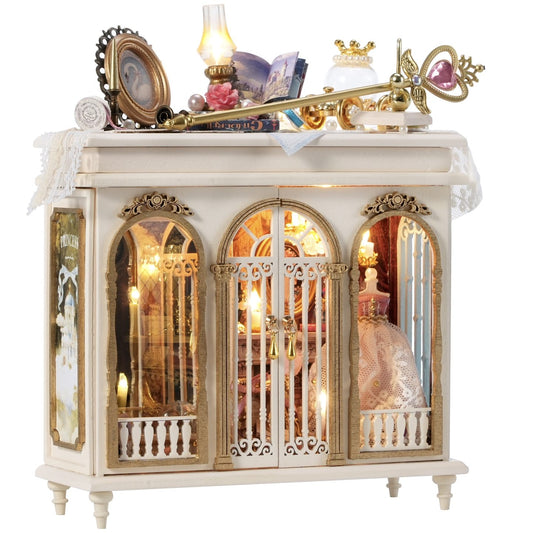 Fantasy DIY miniature house with warm glowing lights, vintage mirror details, chandelier lighting, magical accessories, and cozy fairy-tale room decor styling