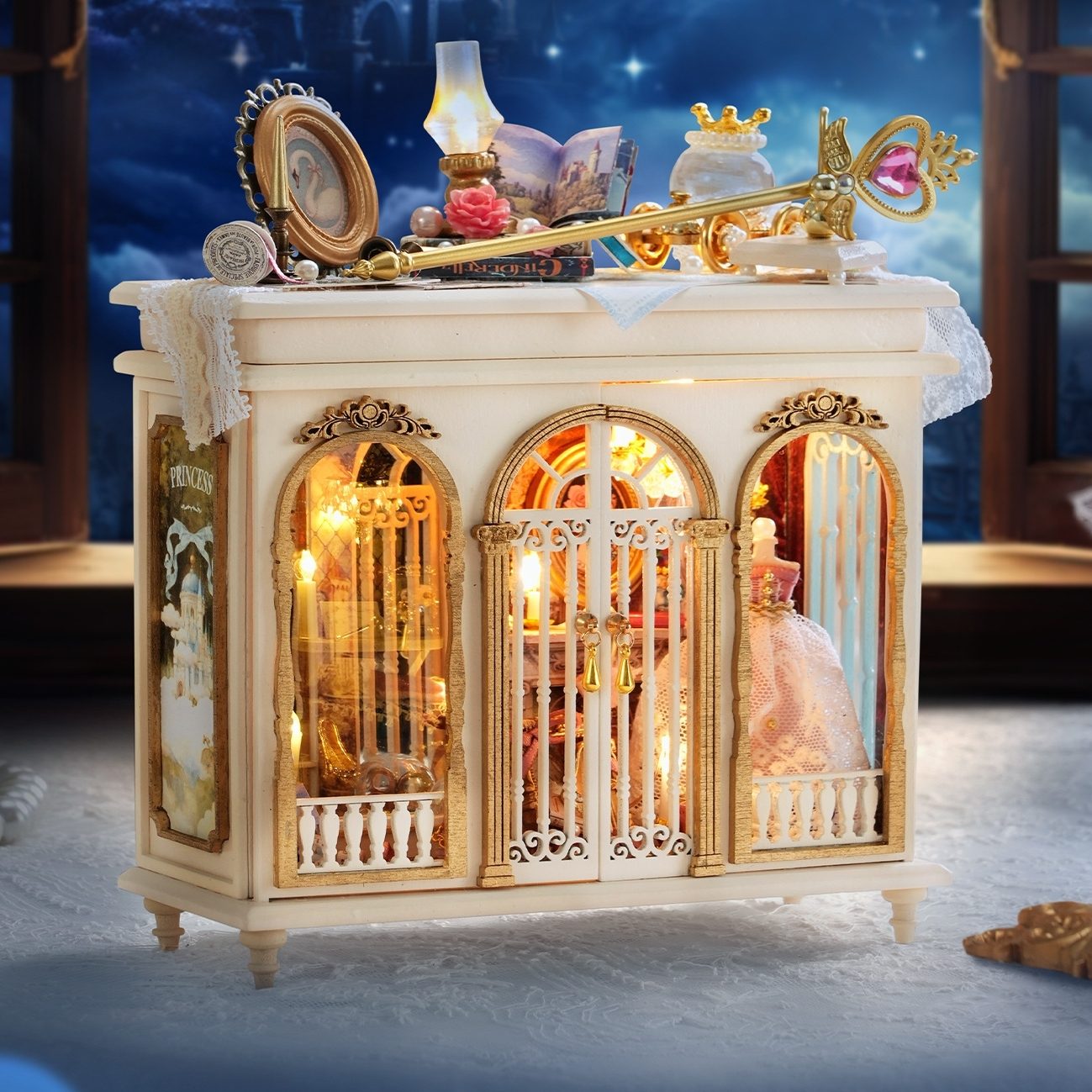 fantasy DIY miniature house with ornate details and a fairy tale theme, featuring a lamp, mirror, and other decorative items.