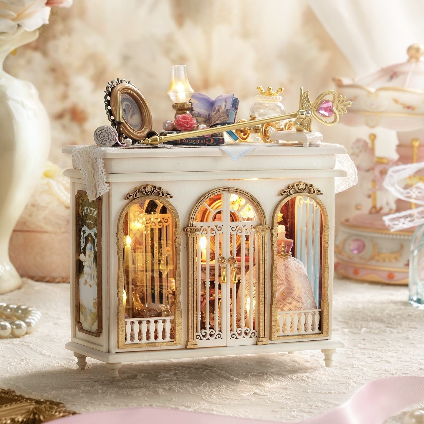 fantasy DIY miniature house with intricate details and small figurines on a soft, blurred background.