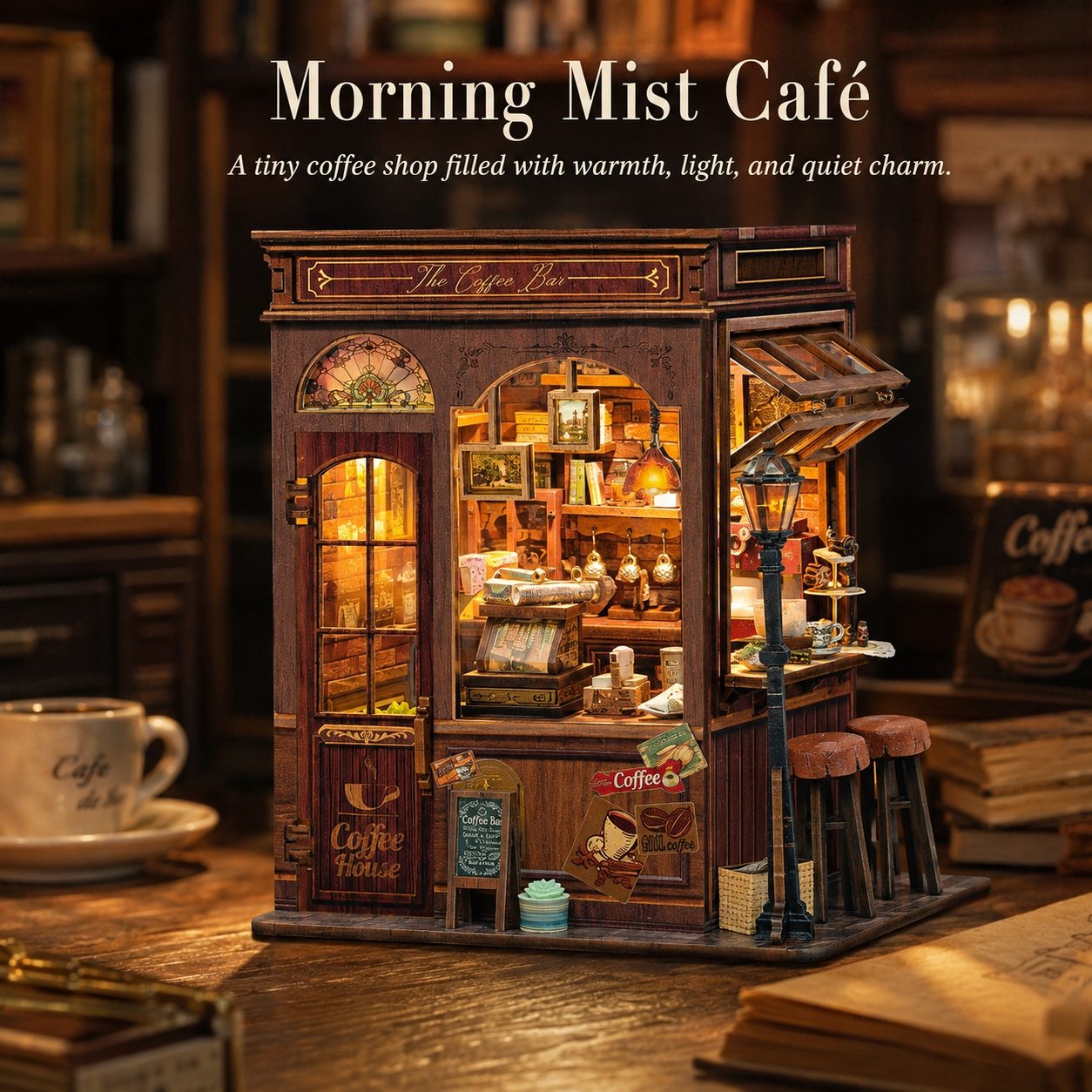 A miniature wooden coffee shop dollhouse with warm glowing interior lights, displayed on a wooden table with books and a coffee cup in a cozy cafe-themed setting. Text at the top reads 'Morning Mist Café'.