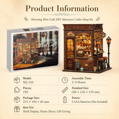 Product information graphic for the Morning Mist Cafe DIY Miniature Coffee Shop Kit, showing the retail box, the assembled miniature shop model
