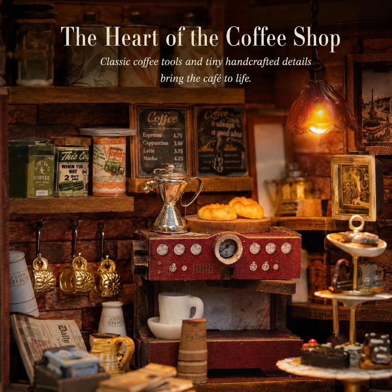 A cozy, rustic coffee shop interior scene with shelves, mugs, vintage canisters, a red espresso machine, pastries, and warm hanging pendant lights. Large overlaid text at the top reads 'The Heart of the Coffee Shop' with smaller tagline text below.