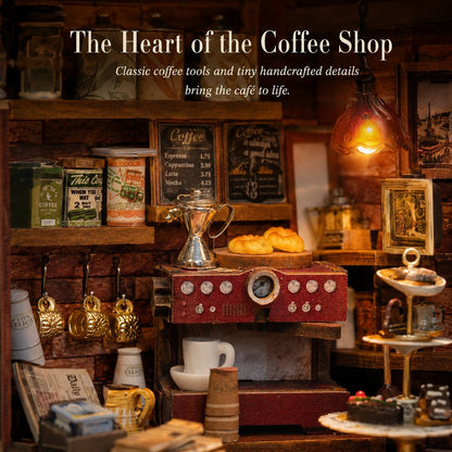 A cozy, rustic coffee shop interior scene with shelves, mugs, vintage canisters, a red espresso machine, pastries, and warm hanging pendant lights. Large overlaid text at the top reads 'The Heart of the Coffee Shop' with smaller tagline text below.