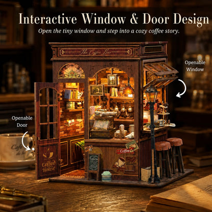 A miniature coffee shop window-and-door micro dollhouse with illuminated interior details, shown on a wooden tabletop with overlaid text and arrows explaining the openable door and window features.