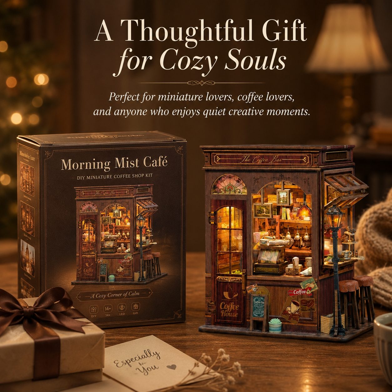 A miniature coffee shop gift set shown with its retail box and the assembled model on a wooden table. The box reads 'Morning Mist Cafe' and the ad text above says 'A Thoughtful Gift for Cozy Souls.