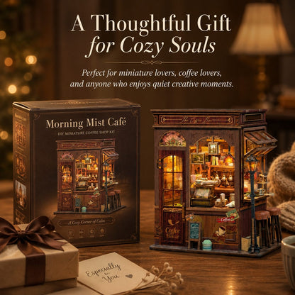 A miniature coffee shop gift set shown with its retail box and the assembled model on a wooden table. The box reads 'Morning Mist Cafe' and the ad text above says 'A Thoughtful Gift for Cozy Souls.