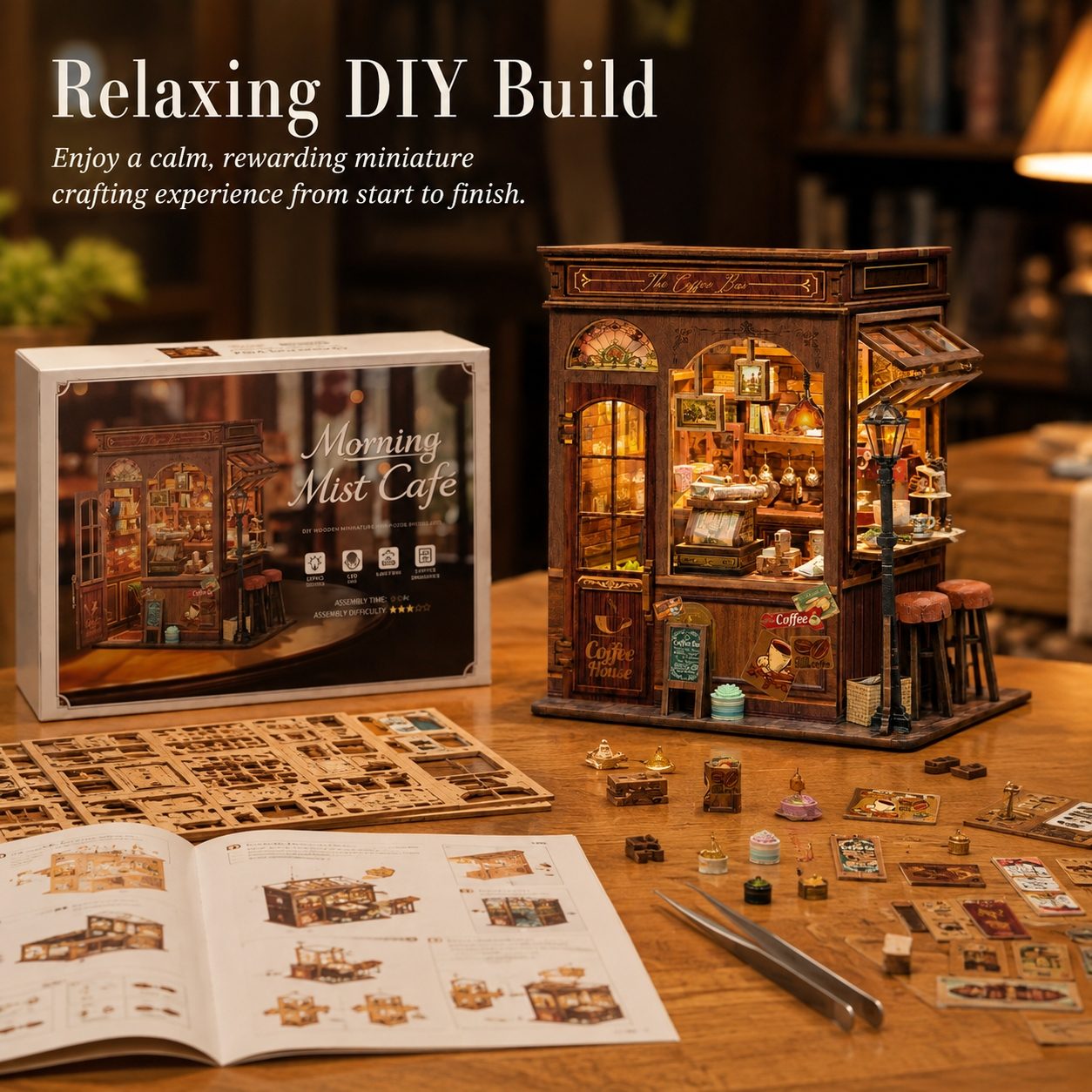 DIY miniature building kit for a coffee shop, shown with its packaging box, an open instruction booklet, tweezers, and the completed illuminated model on a wooden table in a warm, cozy setting.