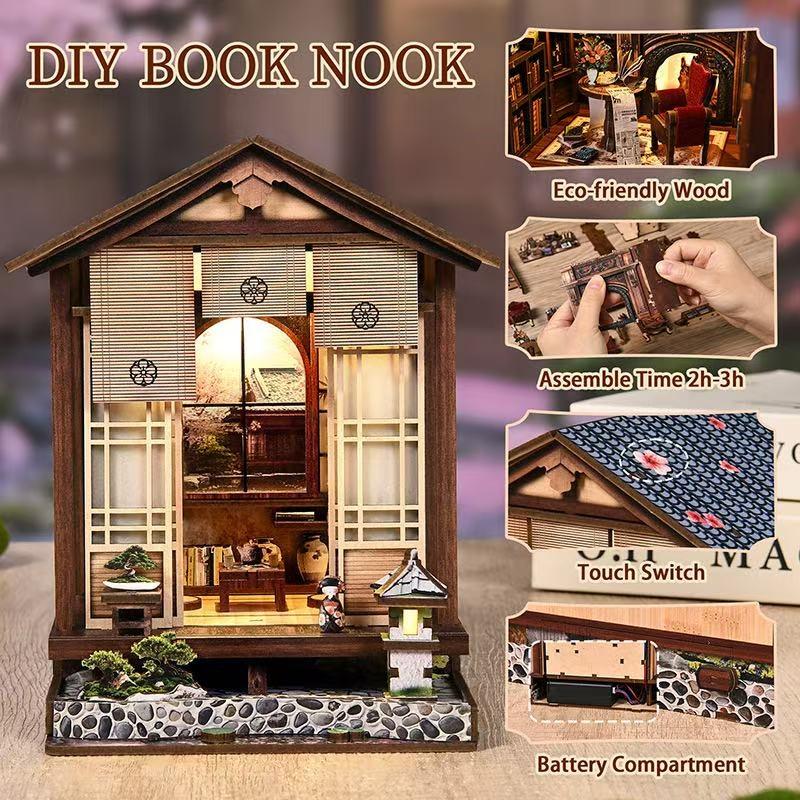 DIY book nook kit of Japanese House with wooden structure, miniature furniture, and accessories, and features highlighted