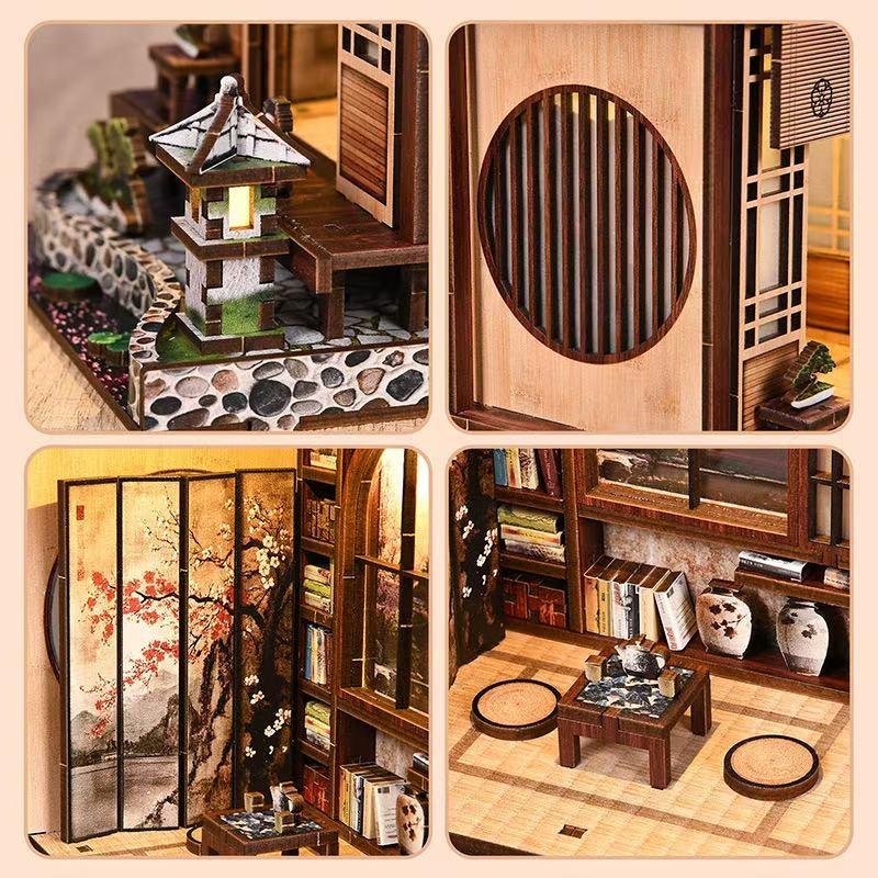 Collage of a miniature Japanese tea house with detailed interior and decor.
