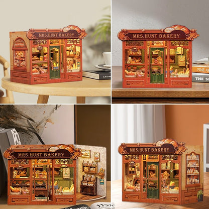 image displaying the four different angle views of Mrs. Hunt’s Bakery Shop DIY Dollhouse Kit