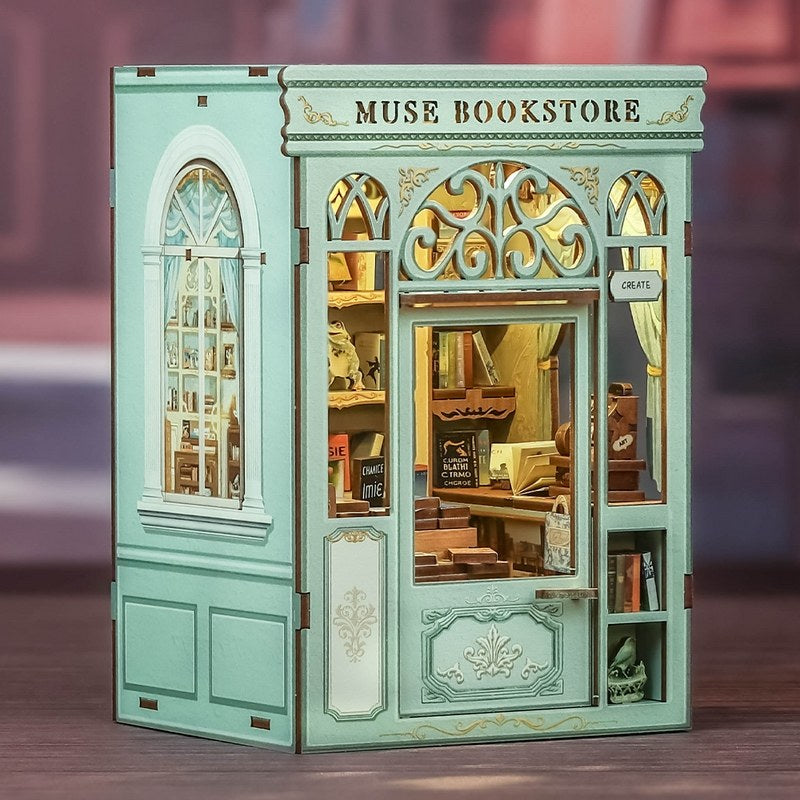 image displaying the left 45 degree view of Muse Bookstore DIY Book Nook Kit on table