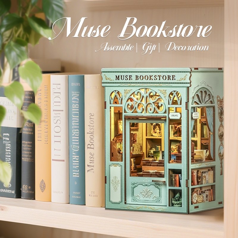 image displaying Muse Bookstore DIY Book Nook Kit in bookshelf setting