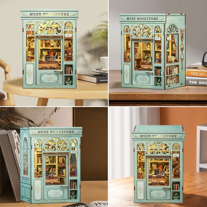 image displaying four side of Muse Bookstore DIY Book Nook Kit on table