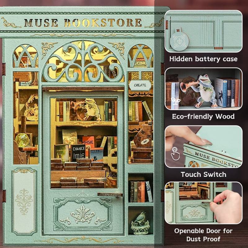 image displaying four features of Muse Bookstore DIY Book Nook Kit