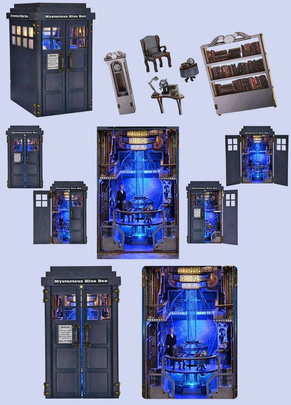 Collage of a Blue Police Box model kit with various pieces on a light blue background