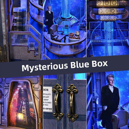 Collage of futuristic miniature scenes in Blue Box Book Nook, a door with gold handles, and a character in a suit.