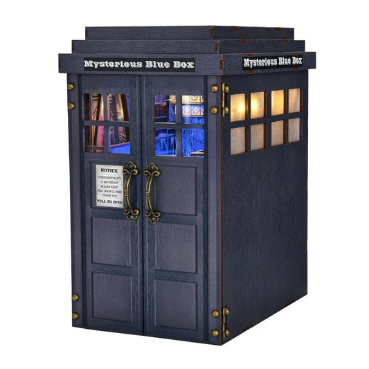 Mysterious Blue Police Box with glowing interior on a white background
